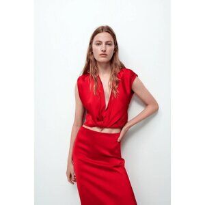 NWOT Zara red satin-effect linen blend plunge neckline sleeveless crop top, XS